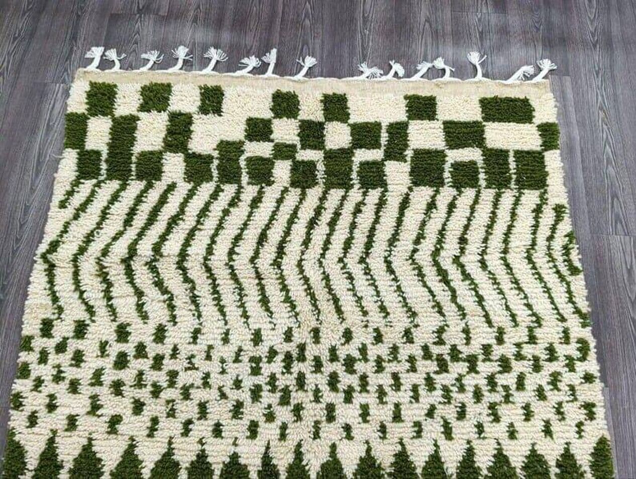 Handwoven rug 140x260 cm, wool, green, white, Morocco - 205064