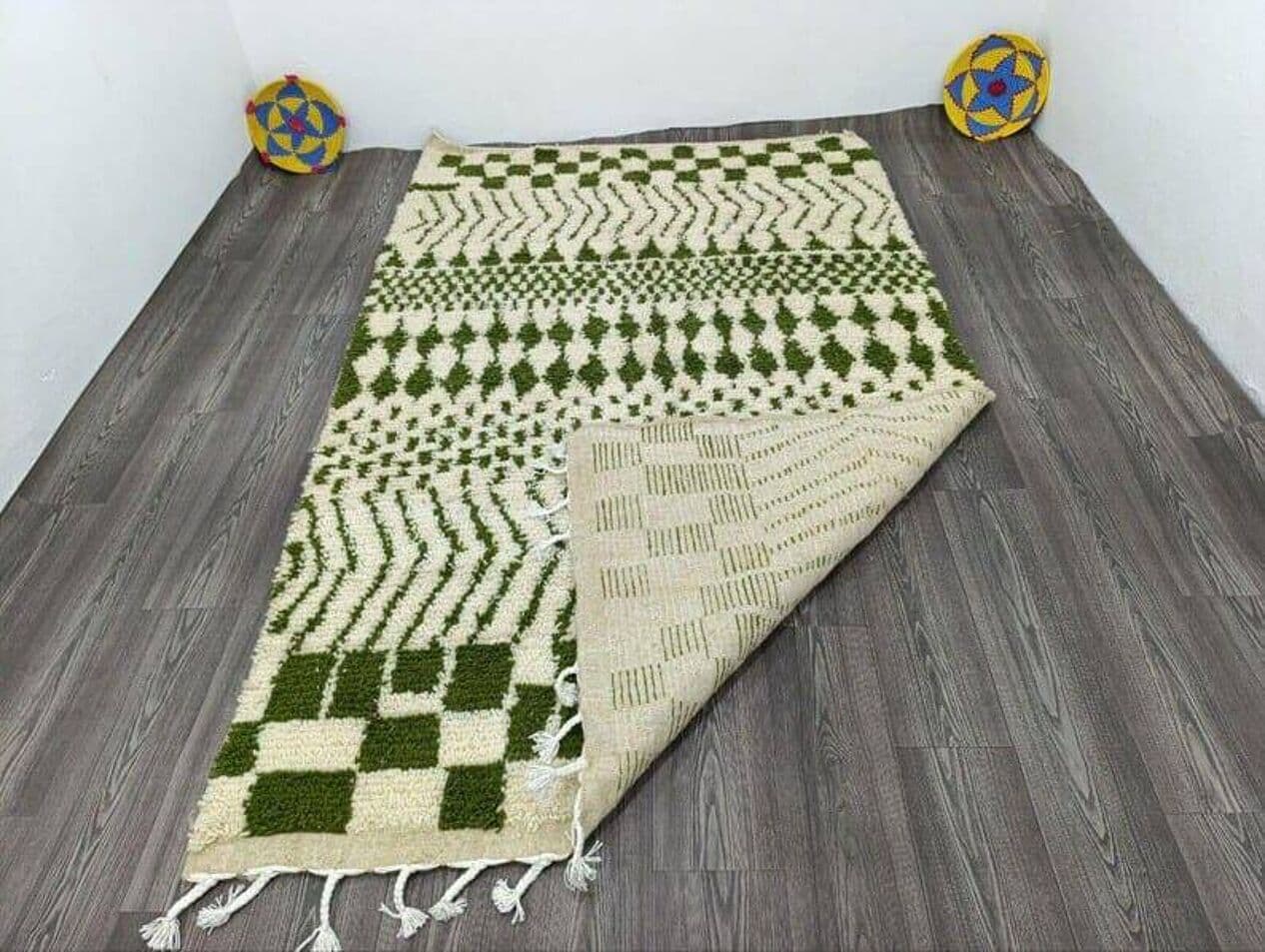 Handwoven rug 140x260 cm, wool, green, white, Morocco - 205060