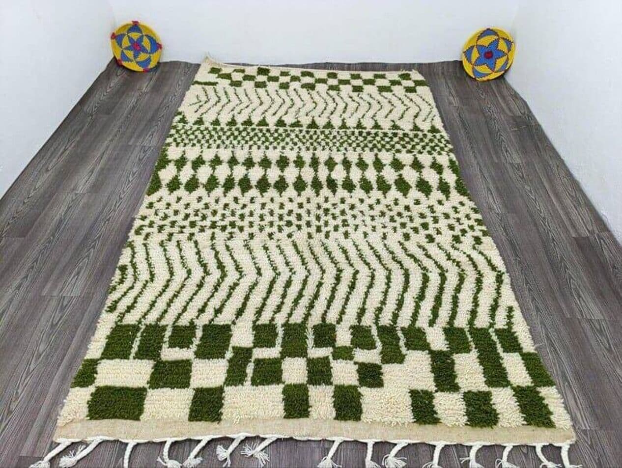 Handwoven rug 140x260 cm, wool, green, white, Morocco - 205065