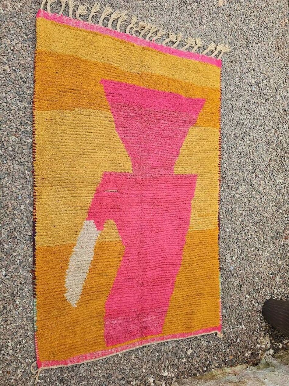 Ręcznie tkany dywan 100x200 cm, wełna, żółty, pomarańczowy, różowy, beżowy, szary, Maroko - 204911