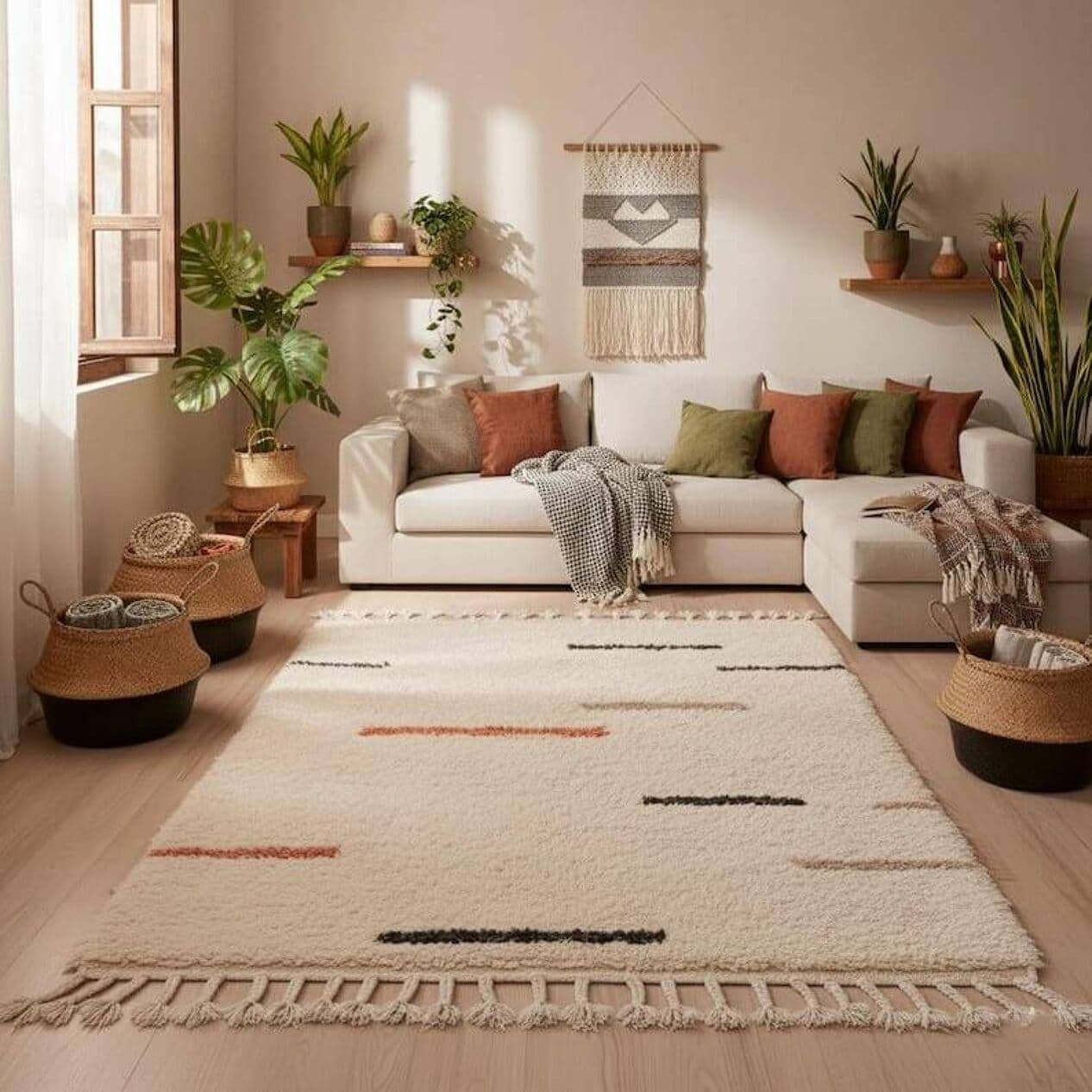 Ręcznie tkany dywan 100x200 cm, wełna, kremowy, wielokolorowy, Maroko - 204606