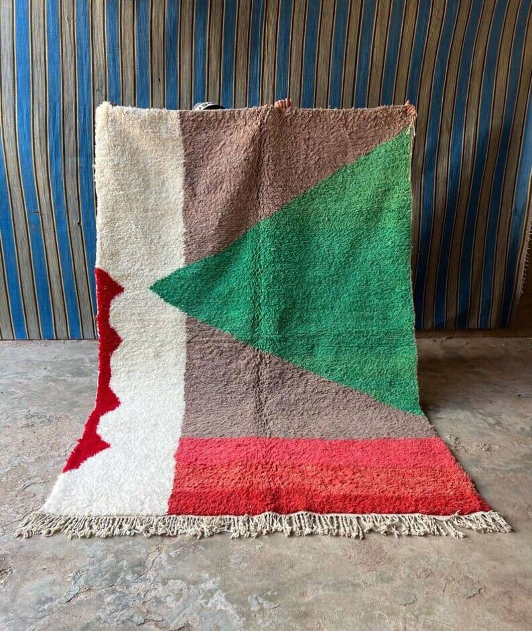 Ręcznie tkany dywan 150x250 cm, wełna, zielony, brązowy, czerwony, kremowy, Maroko - 204465