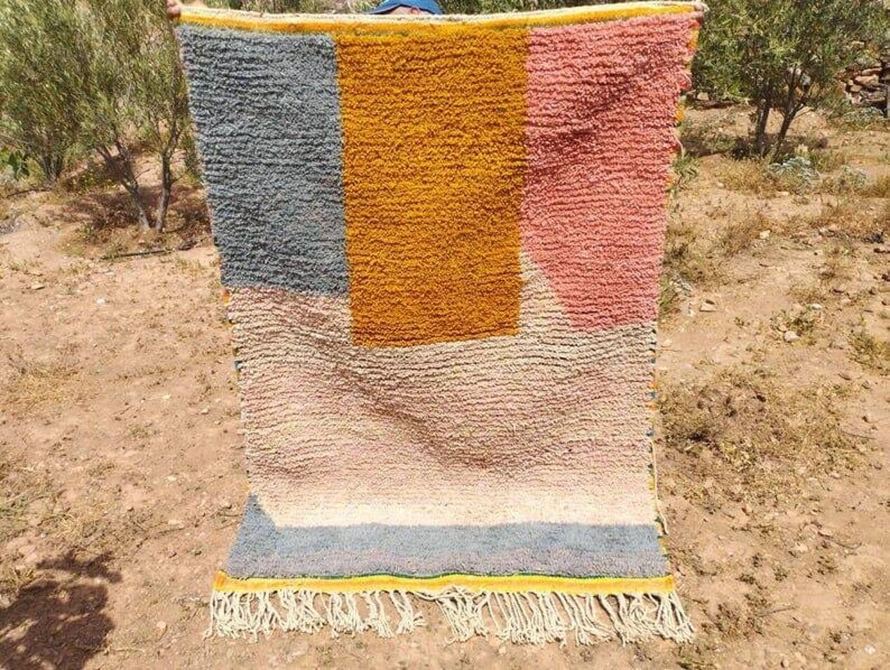 Ręcznie tkany dywan 150x250 cm, wełna, niebieski, żółty, różowy, kość słoniowa, Maroko - 204208