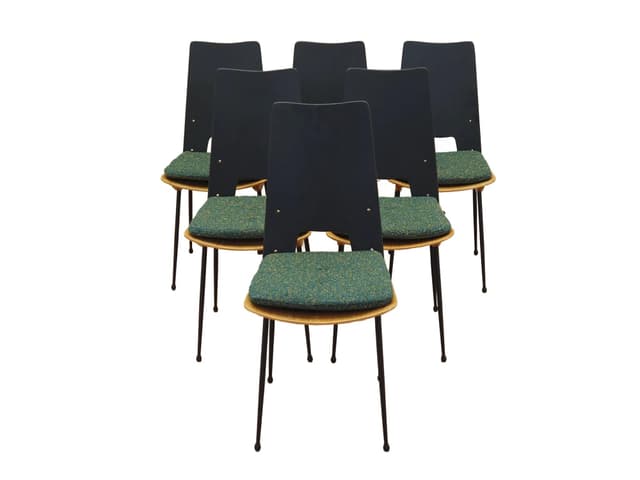 Komplet sześciu krzeseł, sklejka brzozowa naturalna, metal czarny, tkanina zielony, proj. C. Ratti, Włochy, lata 50. - WYMIARY