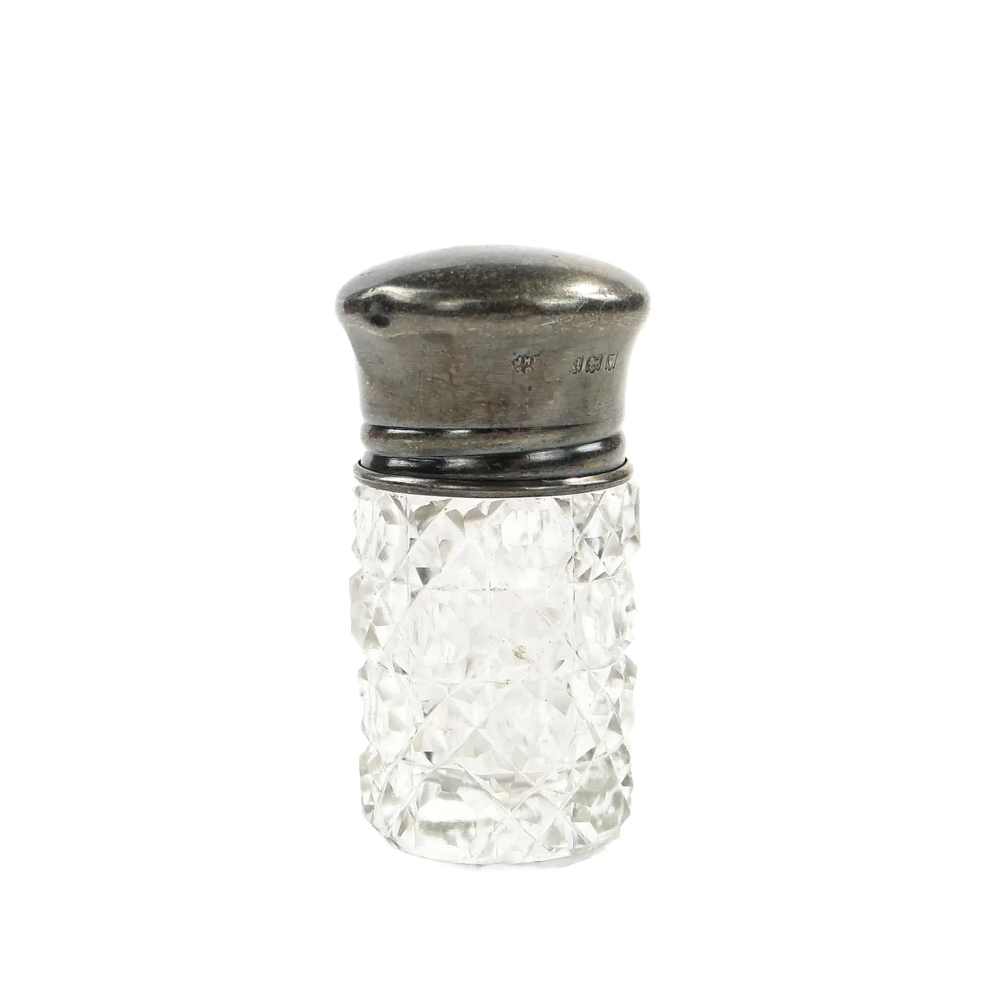 Perfume bottle, transparent crystal, silver, United Kingdom, early 20th c.