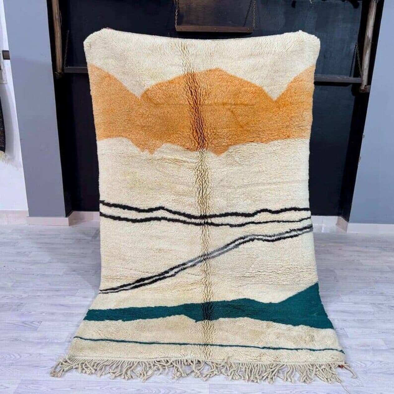 Ręcznie tkany dywan 100x200 cm, wełna, kość słoniowa, pomarańczowy, czarny, niebieski, Maroko - 207021