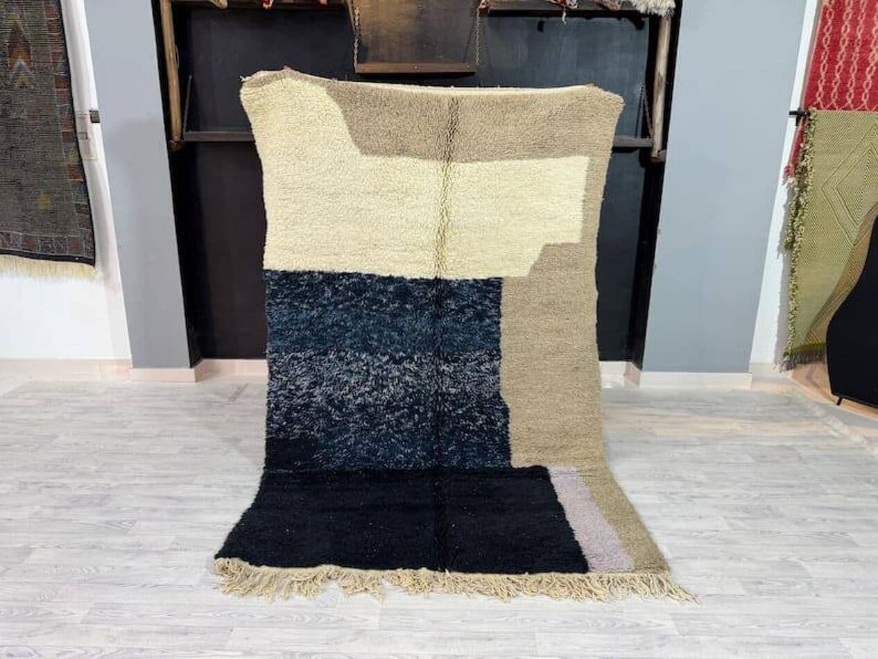 Ręcznie tkany dywan 200x300 cm, wełna, beżowy, czarny, granatowy, szary, Maroko - 206907