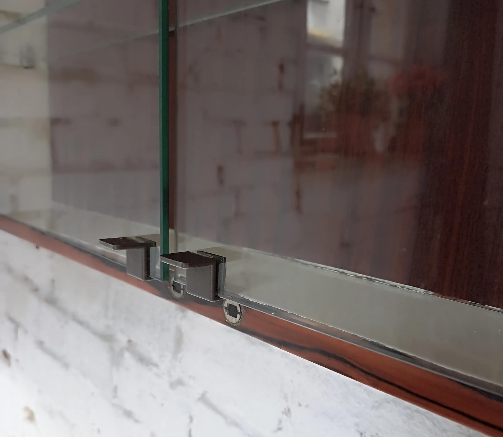 Wall-mounted display cabinet, brown wood, Poland, 1960s. - 14865