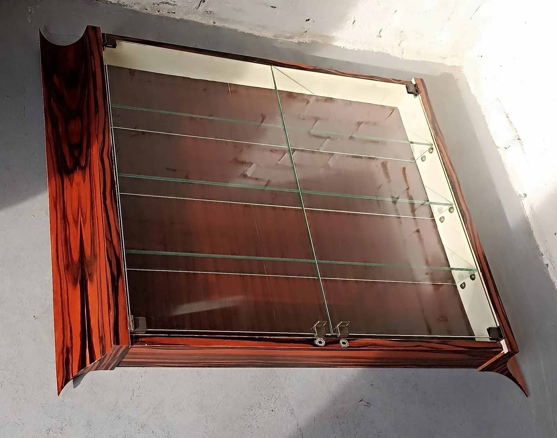 Wall-mounted display cabinet, brown wood, Poland, 1960s. - 14870