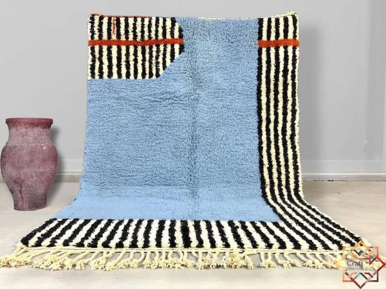 Ręcznie tkany dywan 150x250 cm, wełna, niebieski, czarny, kość słoniowa, pomarańczowy, Maroko - 206856