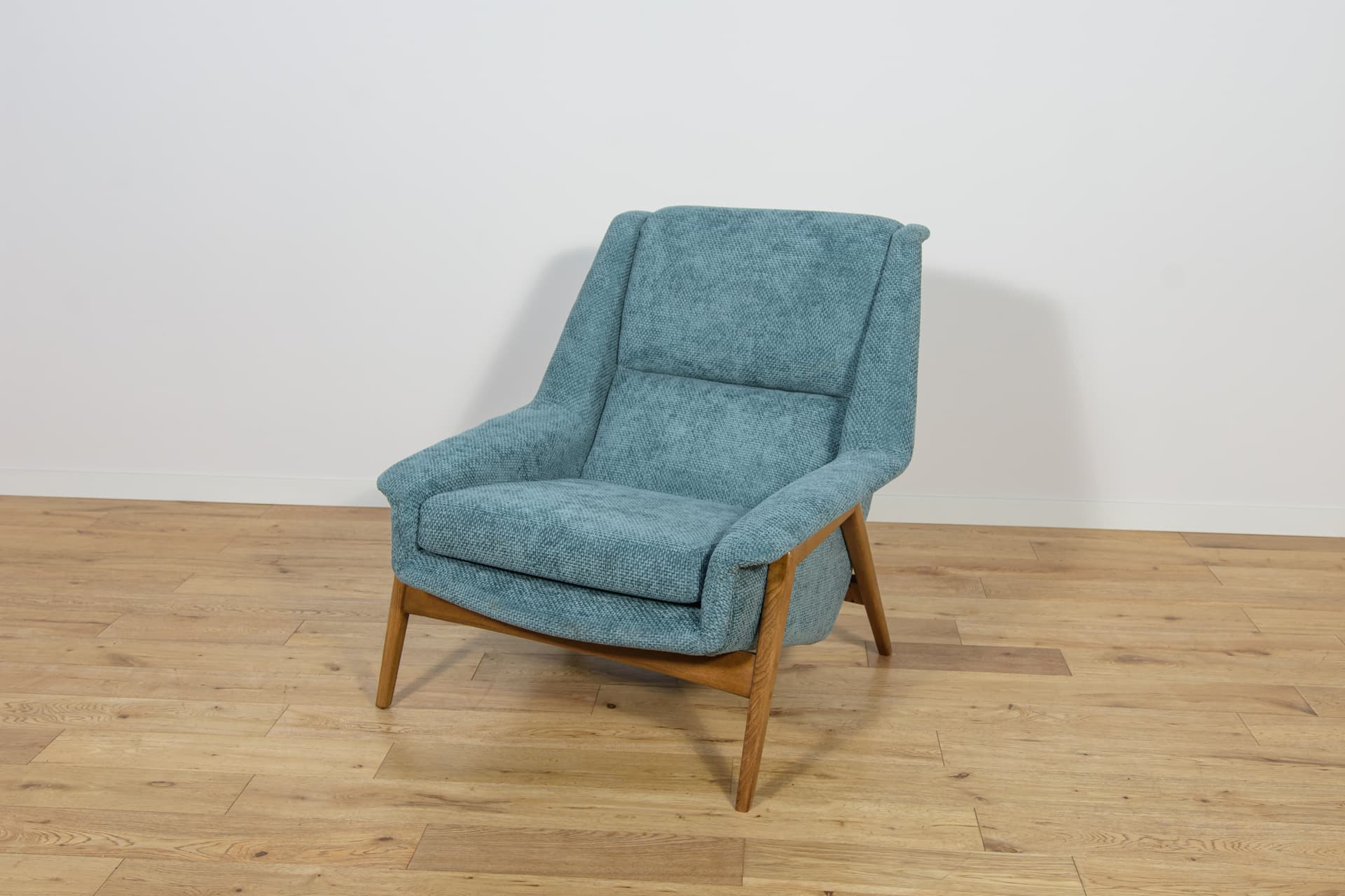 Armchair, blue fabric, beech, by F. Ohlsson, Dux, Sweden, 1960s. - 206192