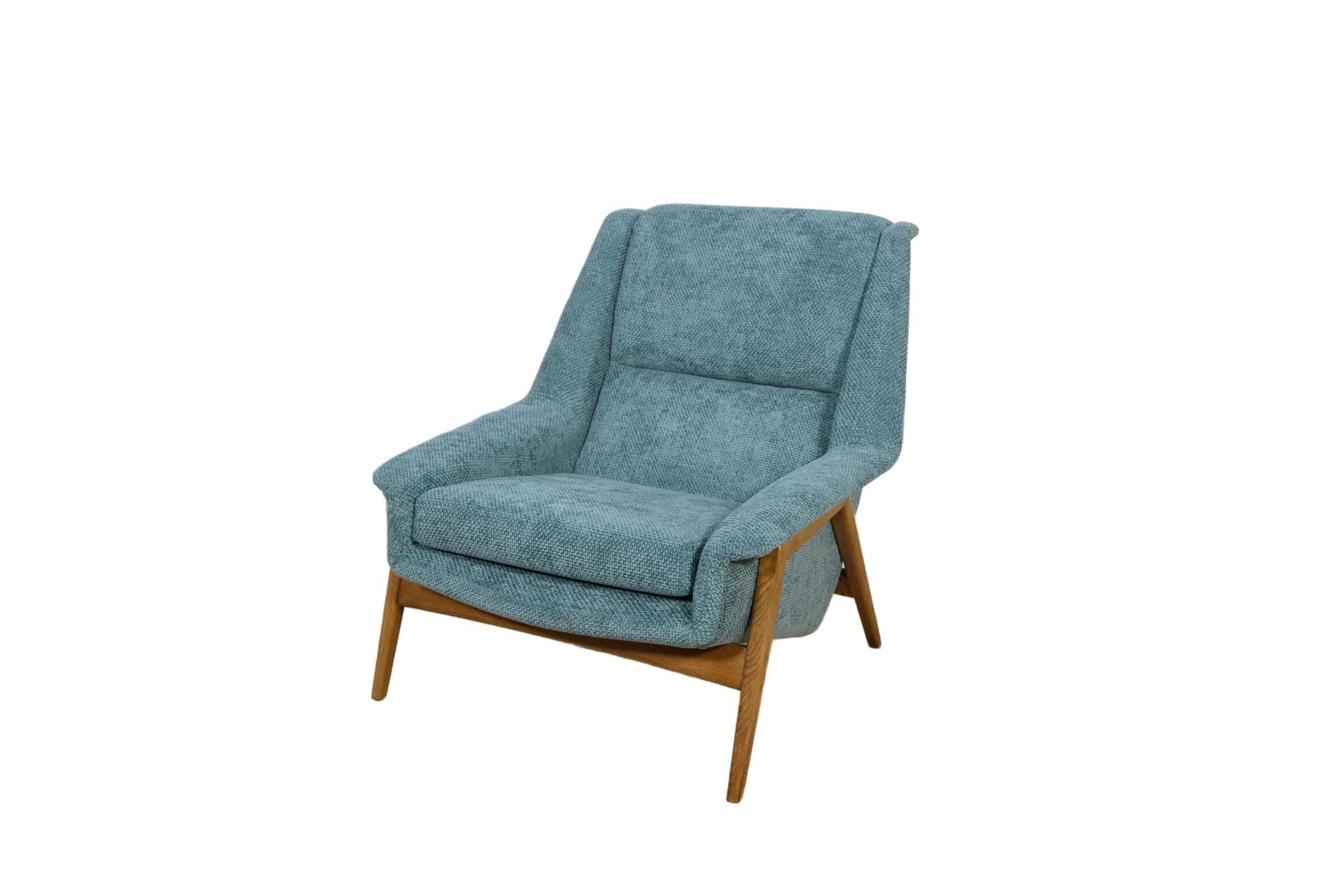 Armchair, blue fabric, beech, by F. Ohlsson, Dux, Sweden, 1960s.