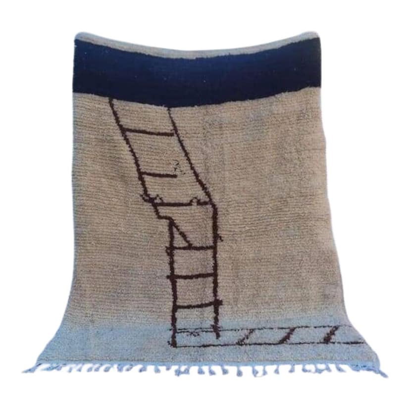 Ręcznie tkany dywan 200x300 cm, wełna, beżowy, granatowy, czarny, jasnoniebieski, Maroko