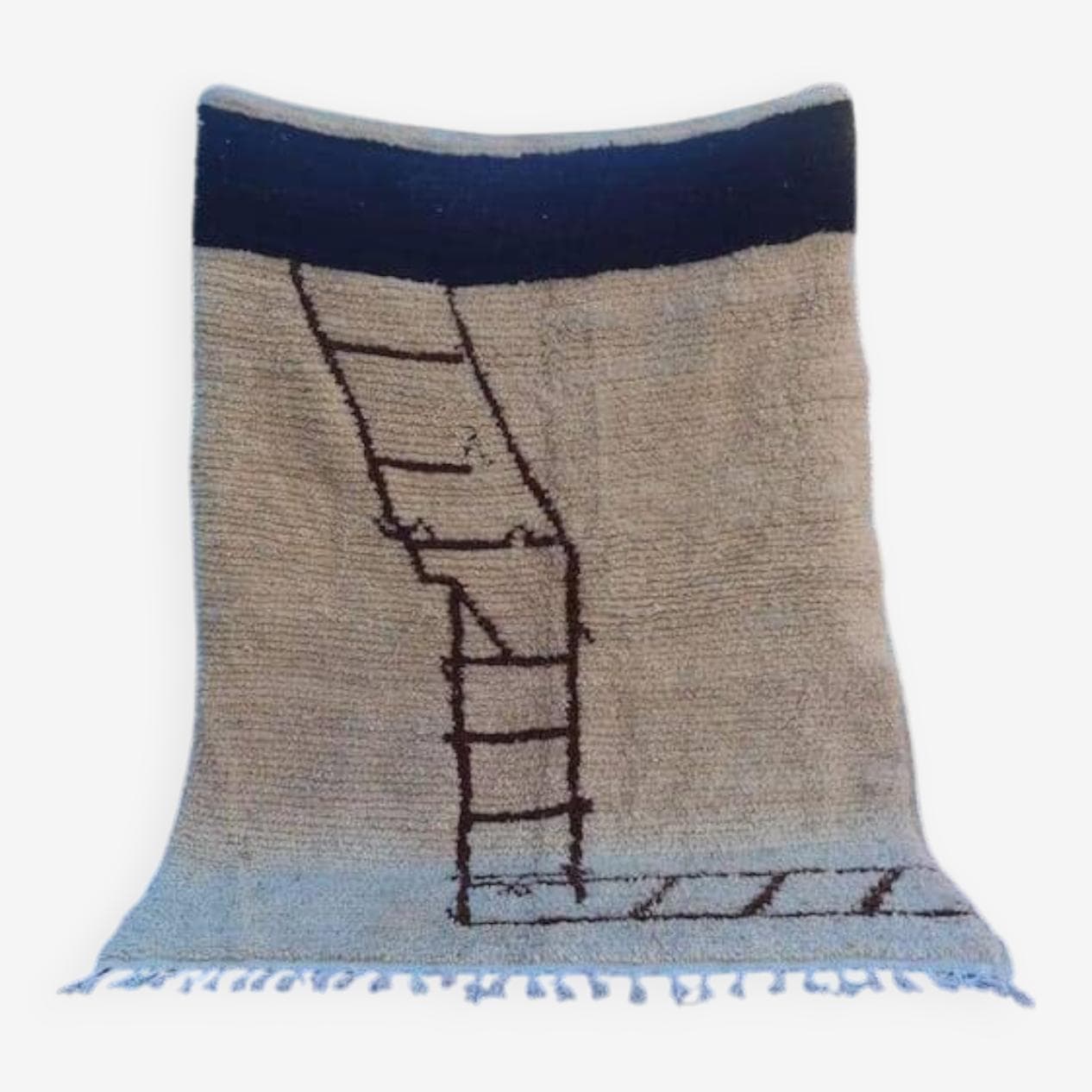 Ręcznie tkany dywan 200x300 cm, wełna, beżowy, granatowy, czarny, jasnoniebieski, Maroko - 206389