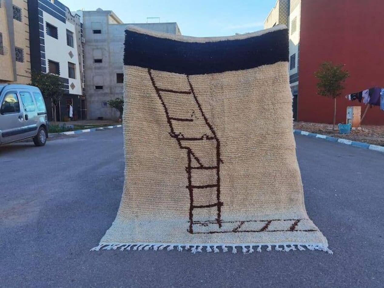 Ręcznie tkany dywan 200x300 cm, wełna, beżowy, granatowy, czarny, jasnoniebieski, Maroko - 206390