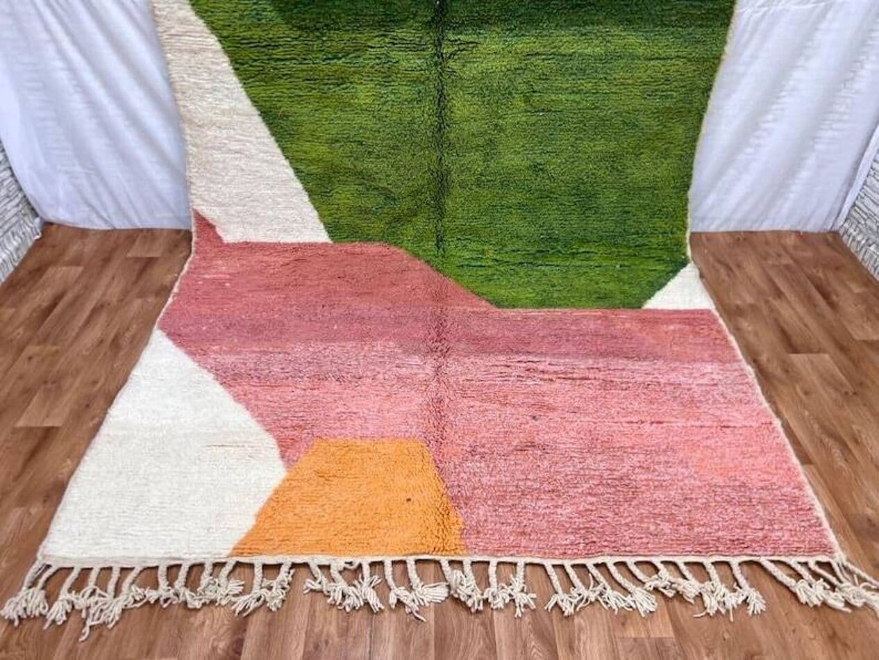 Ręcznie tkany dywan 150x250 cm, wełna, zielony, różowy, Maroko - 206338
