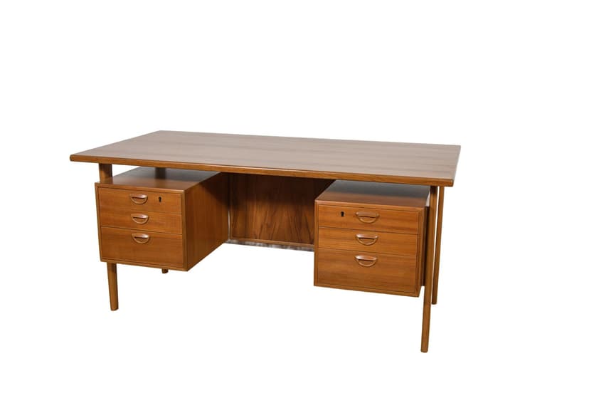 Desk, brown teak, by K. Kristiansen, Feldballes Møbelfabrik, Denmark, 1960s.