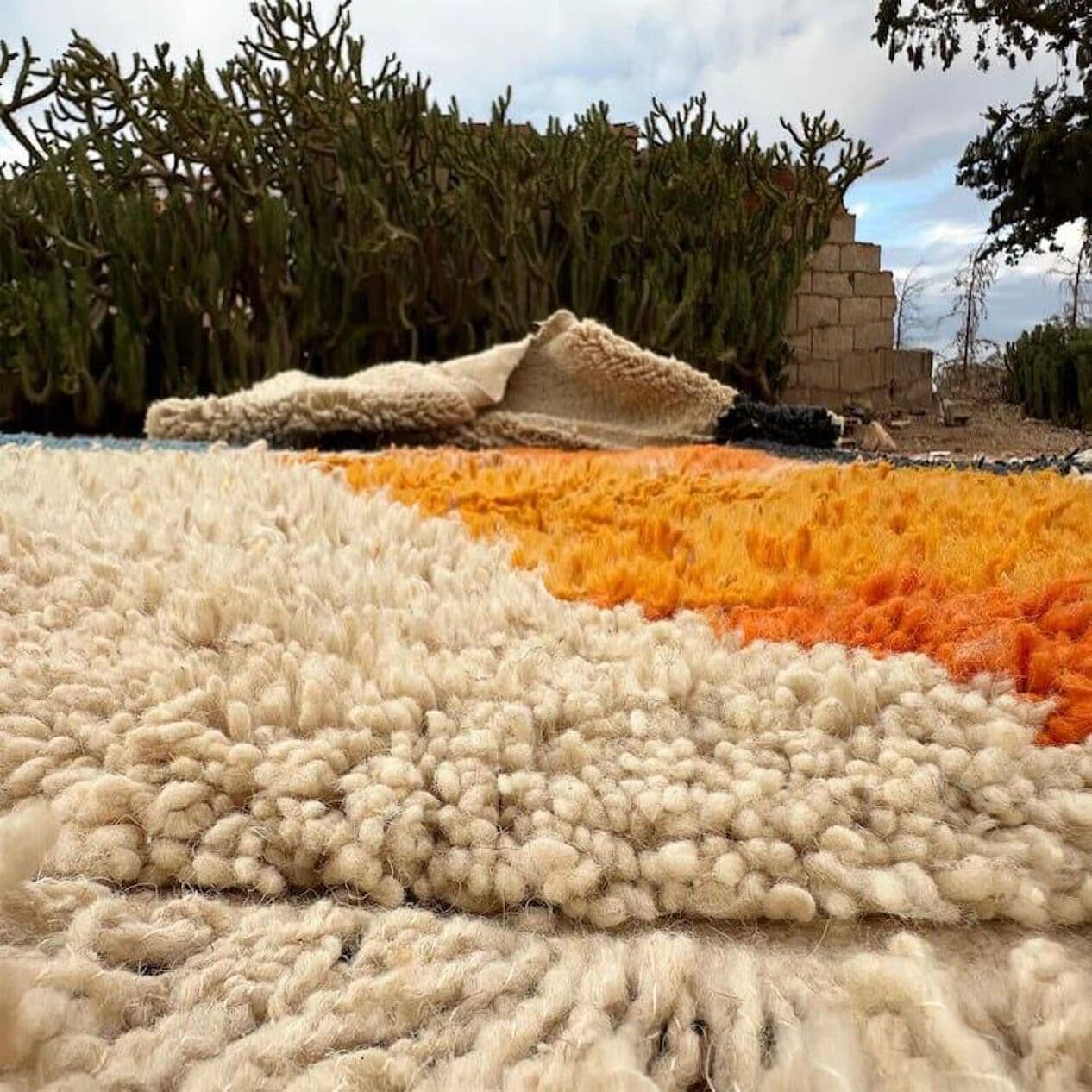 Ręcznie tkany dywan 200x300 cm, wełna, beżowy, czarny, pomarańczowy, niebieski, Maroko - 208232