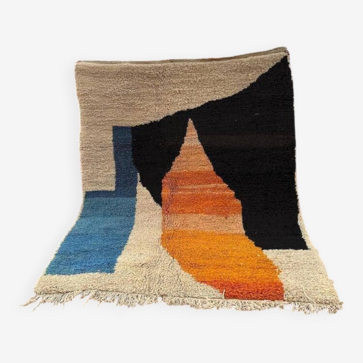 Ręcznie tkany dywan 200x300 cm, wełna, beżowy, czarny, pomarańczowy, niebieski, Maroko - 208226