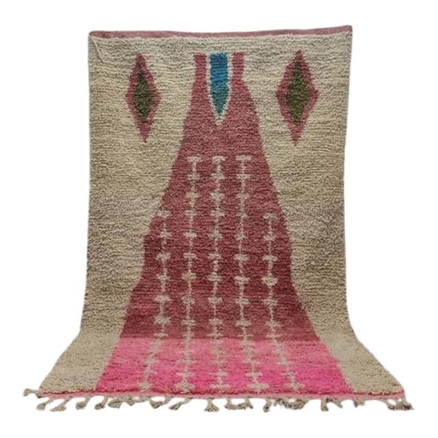 Ręcznie tkany dywan 150x250 cm, wełna, beżowy, różowy, biały, niebieski, zielony, bordowy, Maroko - WYMIARY