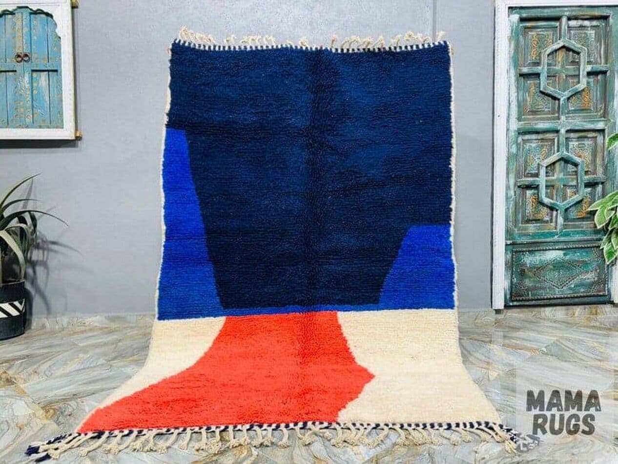 Handwoven rug 150x250 cm, wool, navy blue, red, cream, Morocco - 208043