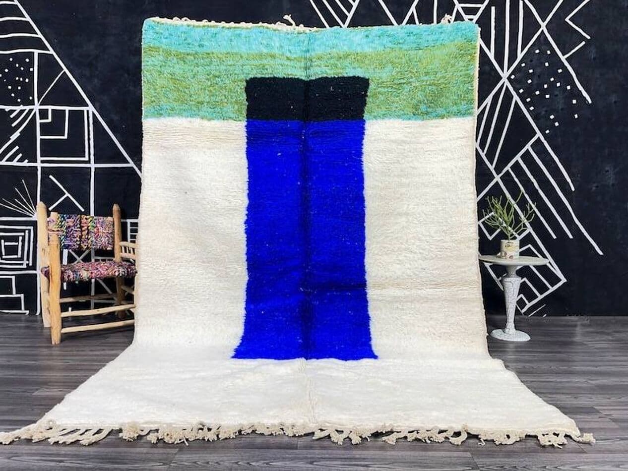 Handwoven rug 150x250 cm, wool, ivory, blue, black, green, turquoise, Morocco - 207953
