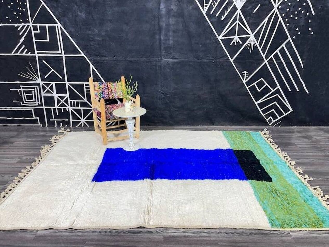 Handwoven rug 150x250 cm, wool, ivory, blue, black, green, turquoise, Morocco - 207951