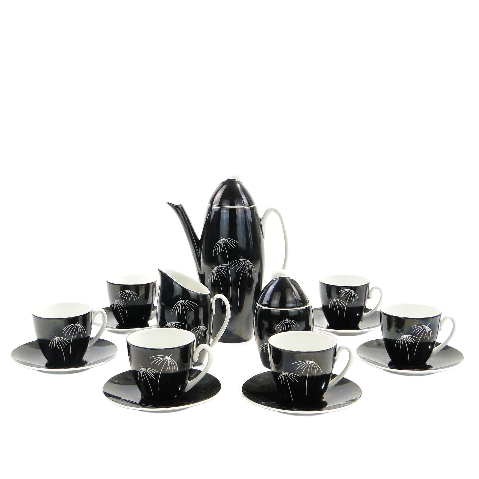 Coffee set Tom, black, porcelain, by J. Steckiewicz, Zakłady Porcelany Stołowej Wałbrzych, Poland, 1950s.