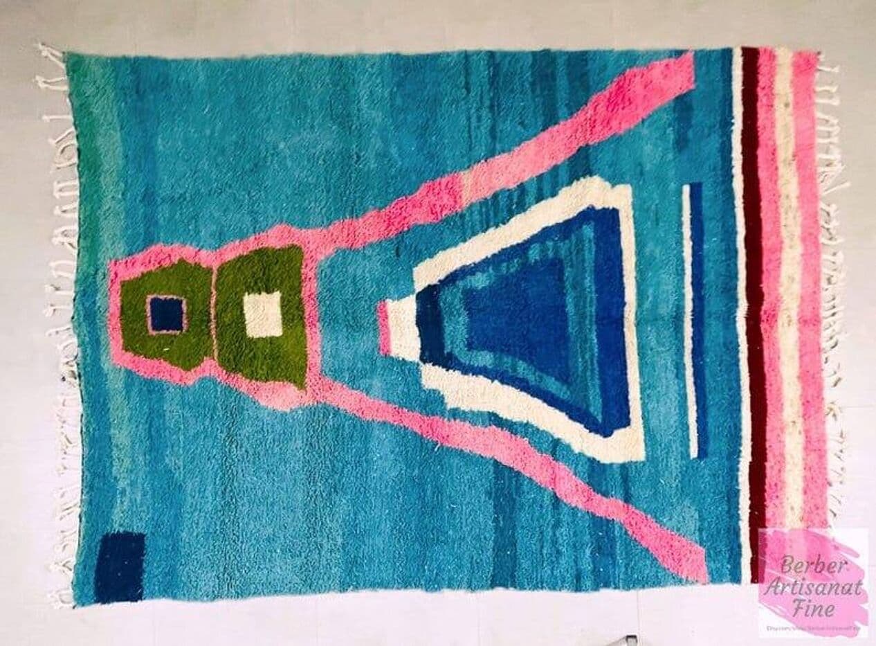 Ręcznie tkany dywan 150x250 cm, wełna, niebieski, różowy, zielony, kremowy, granatowy, biały, Maroko - 207650