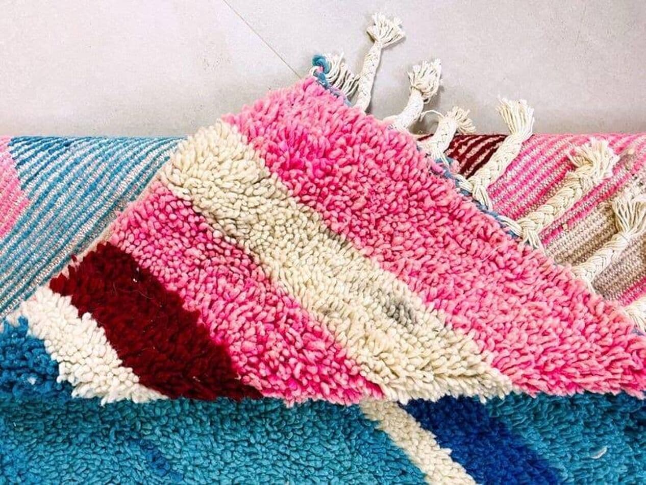 Ręcznie tkany dywan 150x250 cm, wełna, niebieski, różowy, zielony, kremowy, granatowy, biały, Maroko - 207649