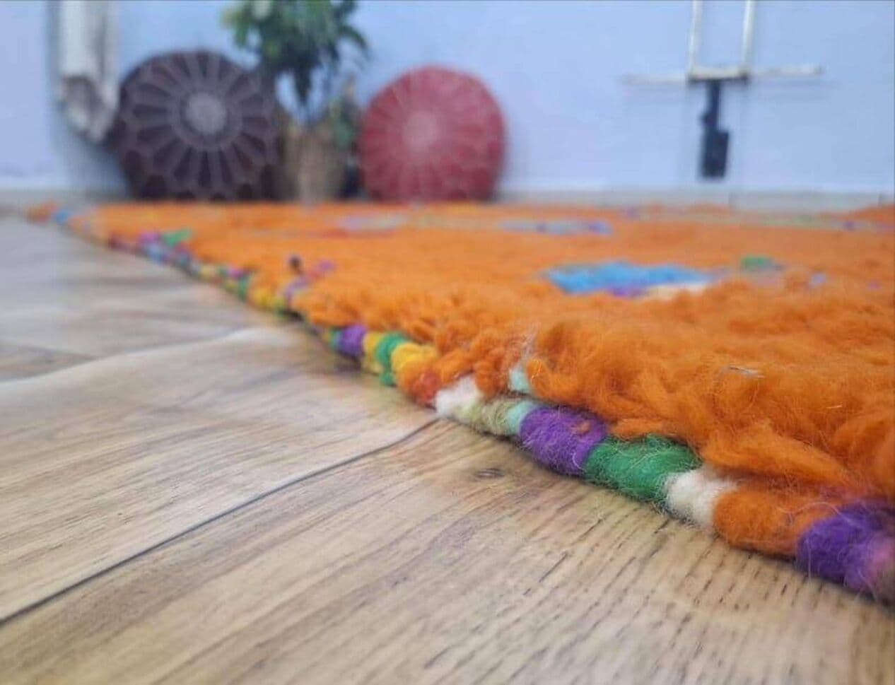 Ręcznie tkany dywan 150x250 cm, wełna, pomarańczowy, żółty, zielony, niebieski, fioletowy, czerwony, Maroko - 207644