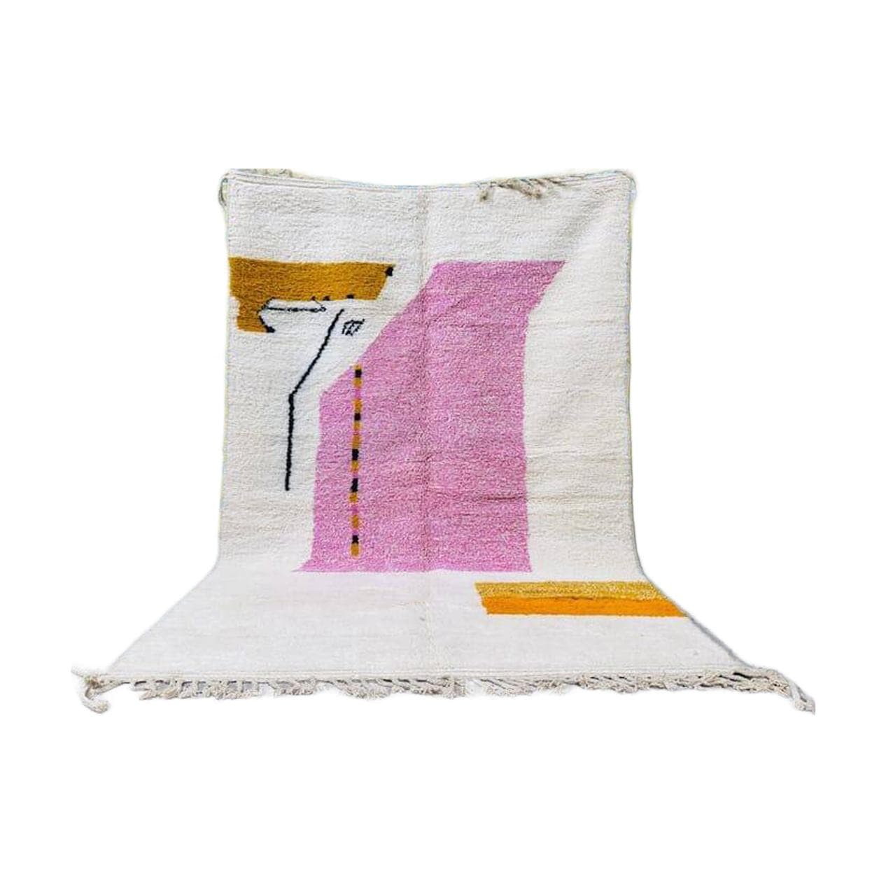 Handwoven rug 150x250 cm, wool, cream, pink, yellow, black