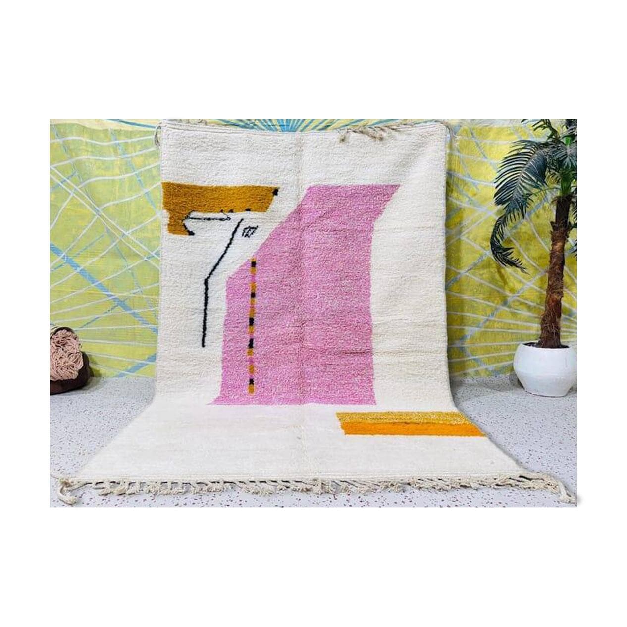 Handwoven rug 150x250 cm, wool, cream, pink, yellow, black - 207618