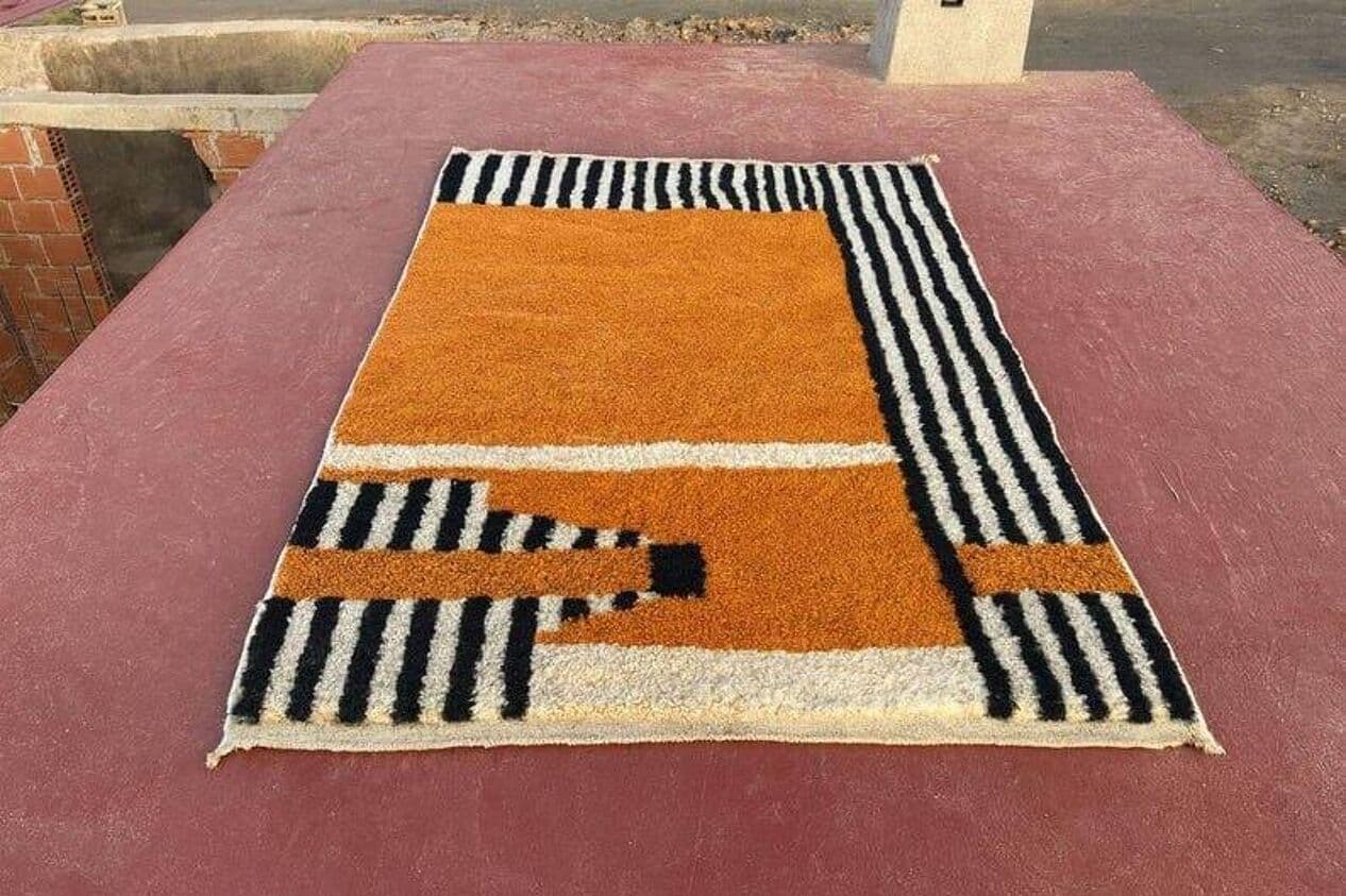 Handwoven rug 140x260 cm, wool, orange, black, ivory, Morocco - 209062