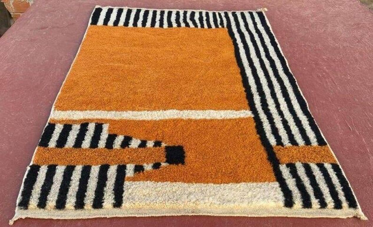 Handwoven rug 140x260 cm, wool, orange, black, ivory, Morocco - 209063