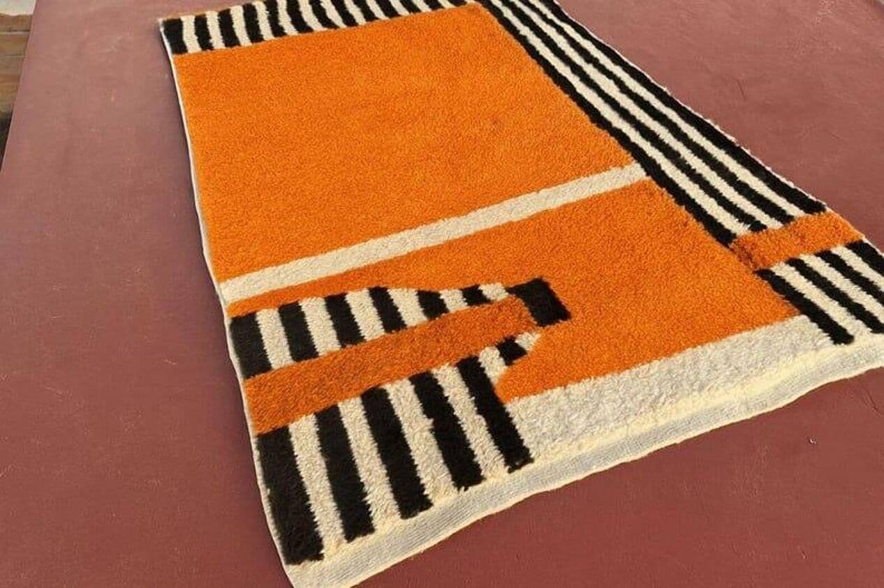 Handwoven rug 140x260 cm, wool, orange, black, ivory, Morocco - 209059