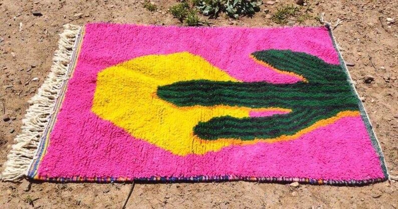 Ręcznie tkany dywan 150x250 cm, wełna, różowy, zielony, żółty, czarny, niebieski, Maroko - 208986