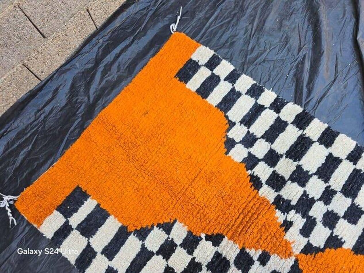 Ręcznie tkany dywan 100x200 cm, wełna, pomarańczowy, czarny, złamana biel, Maroko - 208913