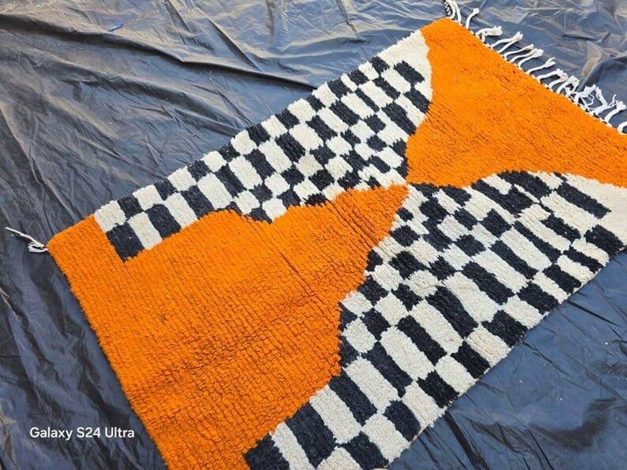 Ręcznie tkany dywan 100x200 cm, wełna, pomarańczowy, czarny, złamana biel, Maroko - 208915