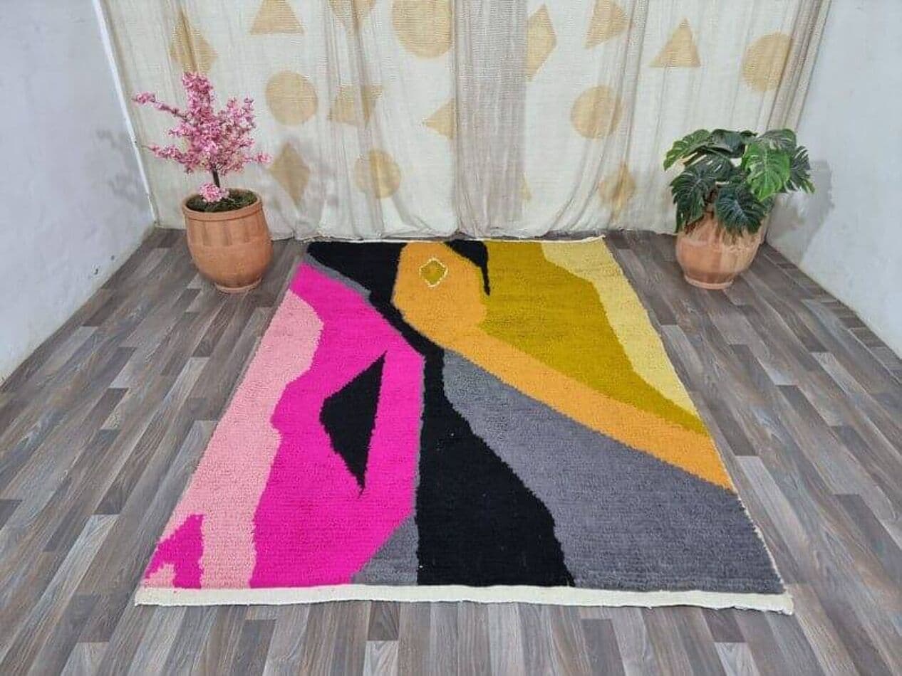 Ręcznie tkany dywan 150x250 cm, wełna, różowy, żółty, czarny, szary, kość słoniowa, Maroko - 208828