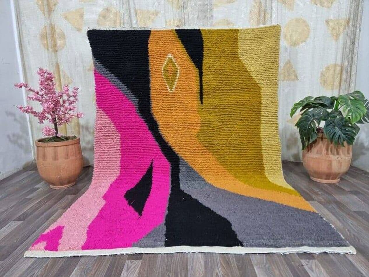 Ręcznie tkany dywan 150x250 cm, wełna, różowy, żółty, czarny, szary, kość słoniowa, Maroko - 208827