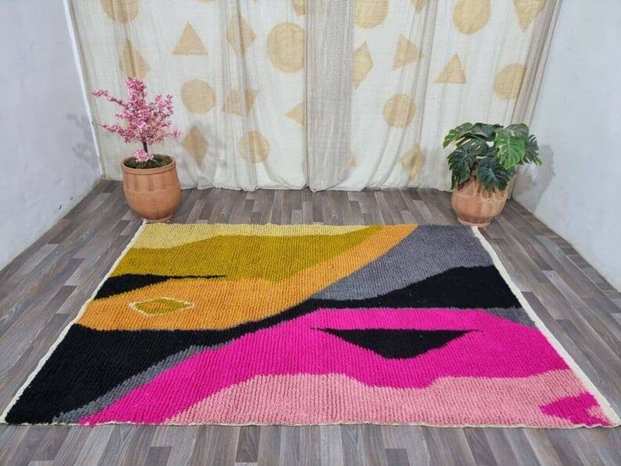 Ręcznie tkany dywan 150x250 cm, wełna, różowy, żółty, czarny, szary, kość słoniowa, Maroko - 208830