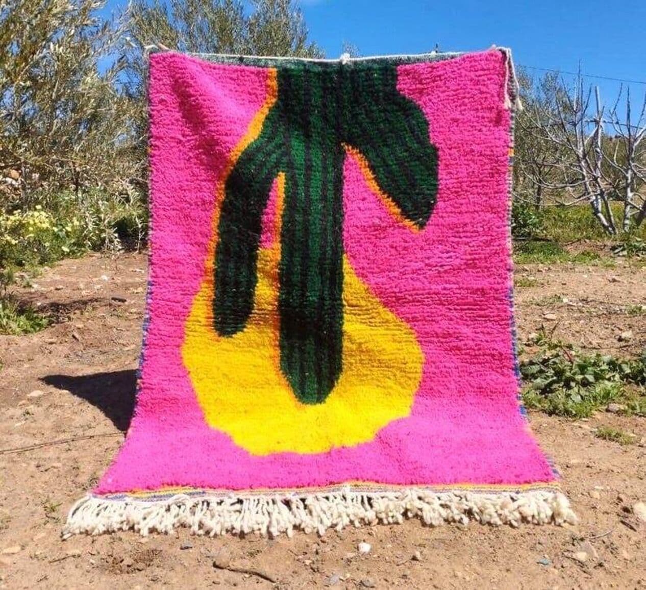 Ręcznie tkany dywan 100x200 cm, wełna, różowy, żółty, zielony, kremowy, Maroko - 208813