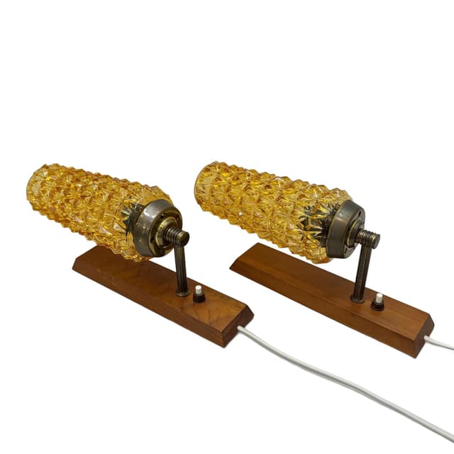 Pair of wall sconces, teak, amber glass, Denmark, 1970s. - DIMENSION