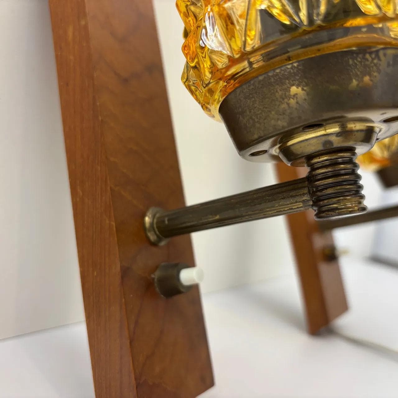 Pair of wall sconces, teak, amber glass, Denmark, 1970s. - 15076