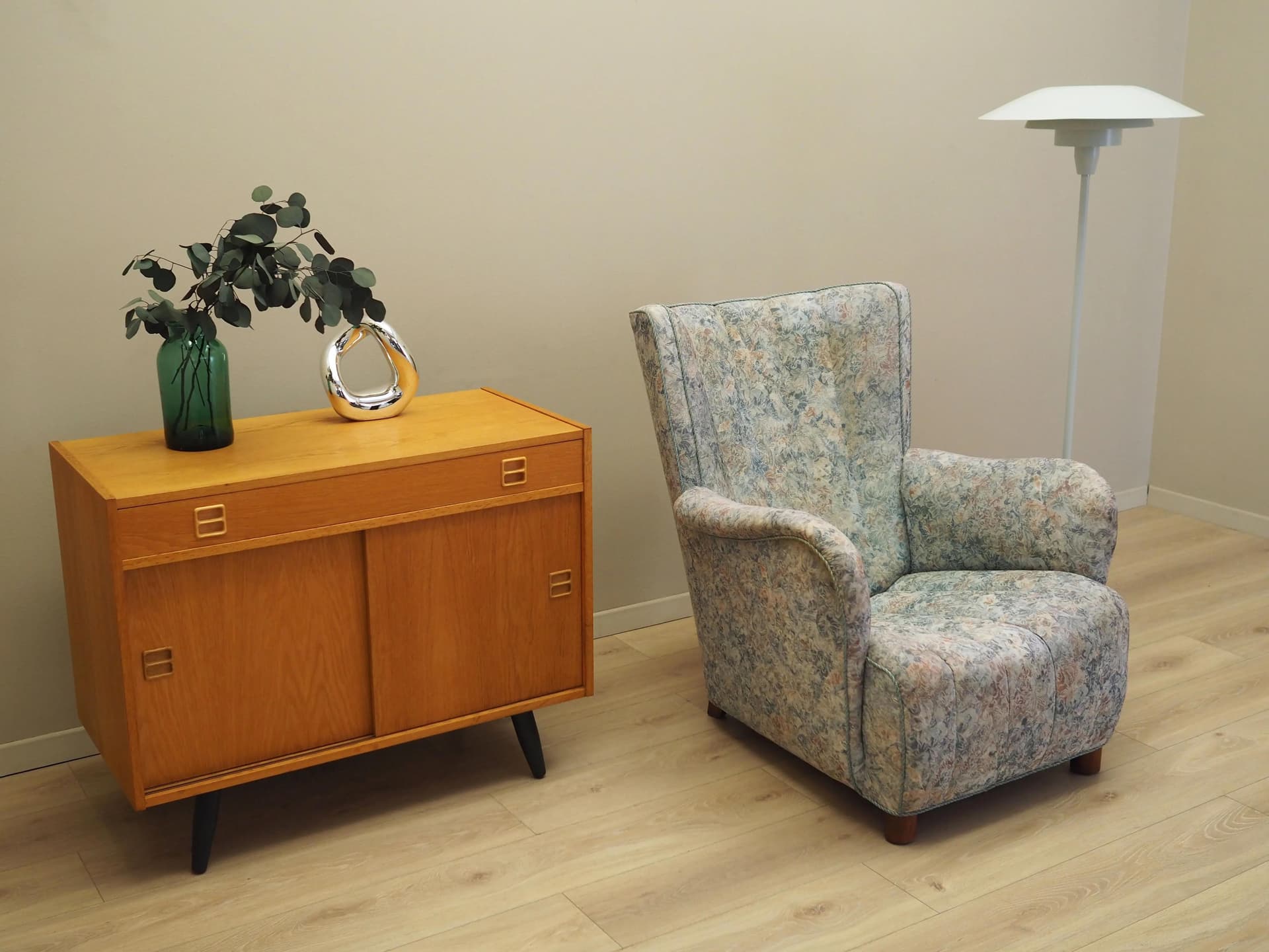 Lounge armchair, Scandinavian, multicolor, fabric, wood, Denmark, 1960s. - 15211