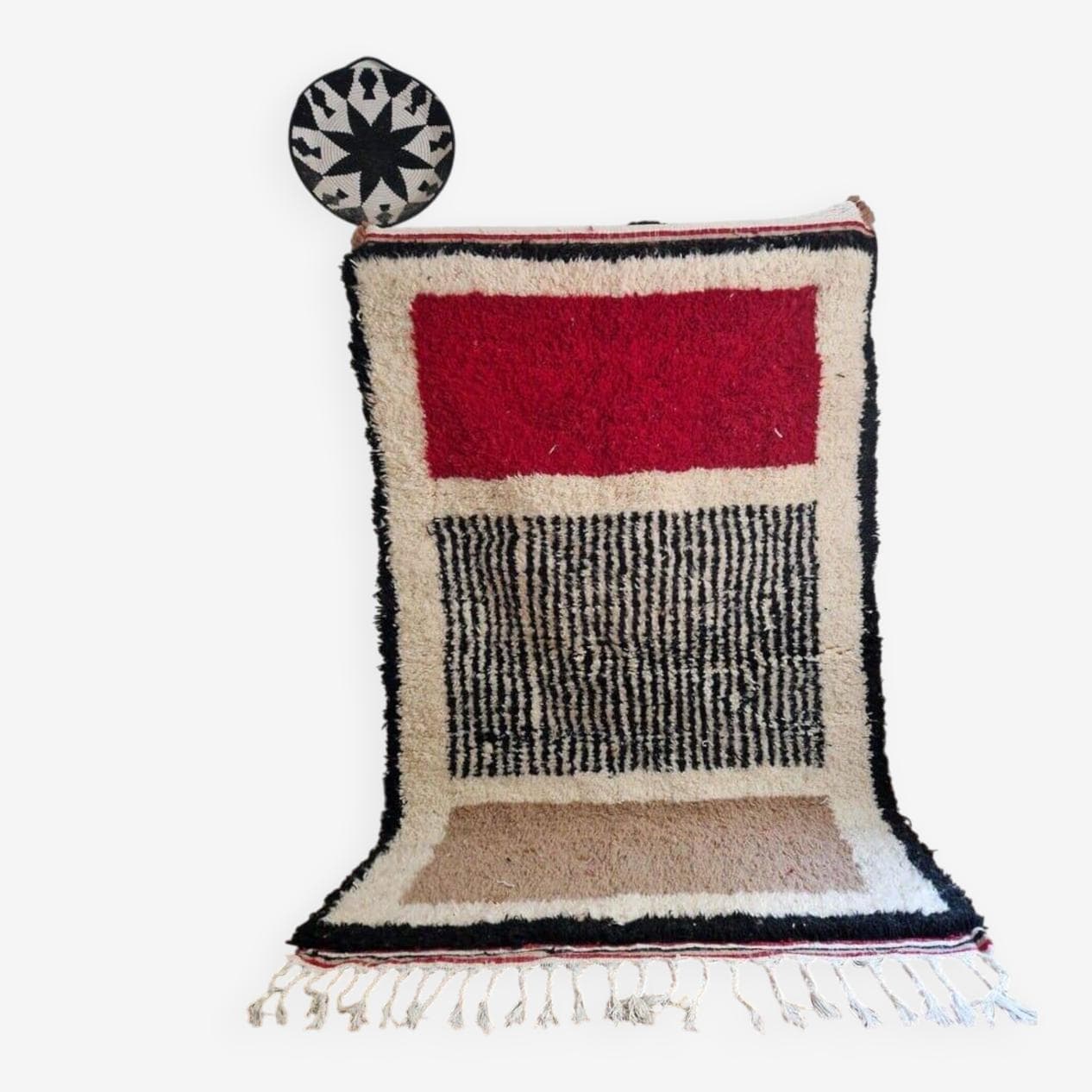 Ręcznie tkany dywan 150x250 cm, wełna, czerwony, czarny, biały, beżowy, kremowy, Maroko - 209194