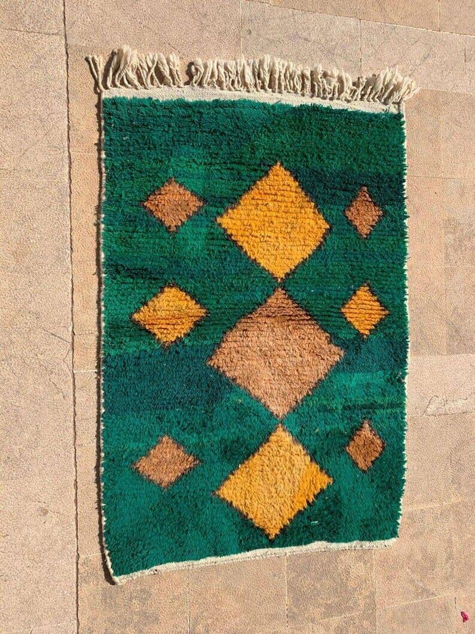 Ręcznie tkany dywan 150x250 cm, wełna, zielony, żółty, szary, beżowy, Maroko - 209183