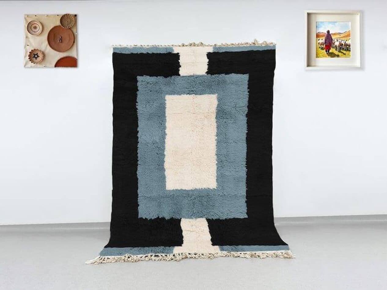 Ręcznie tkany dywan 150x250 cm, wełna, czarny, niebieski, kremowy, Maroko - 209587