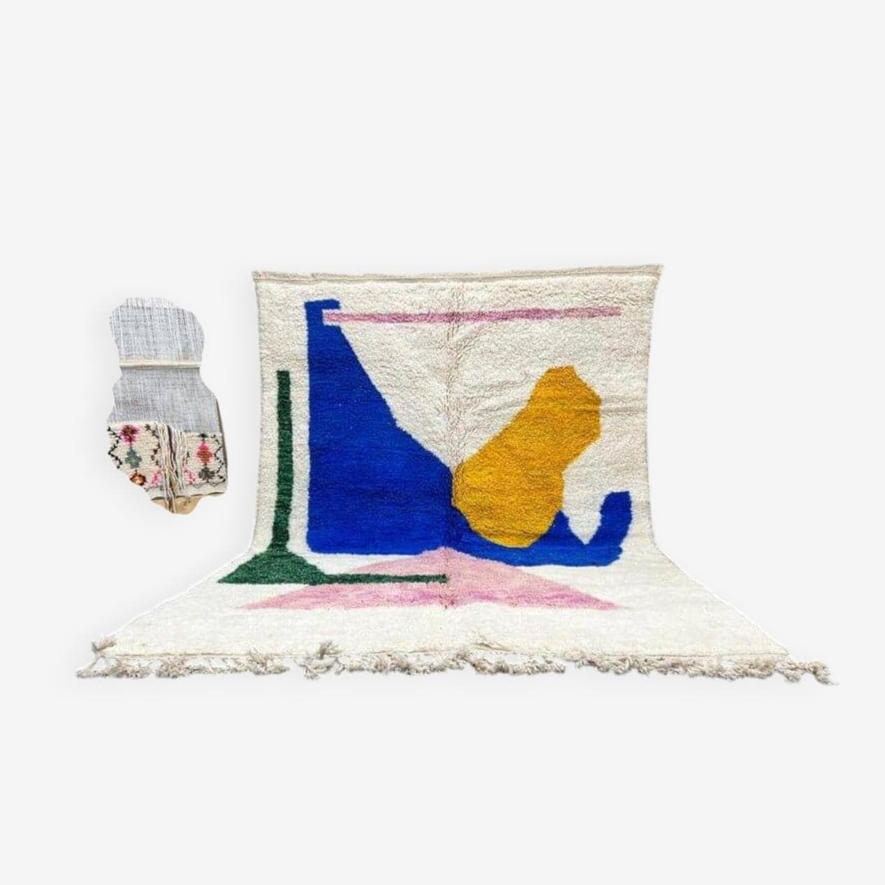 Ręcznie tkany dywan 100x200 cm, wełna, kremowy, zielony, różowy, niebieski, żółty, Maroko - 209518